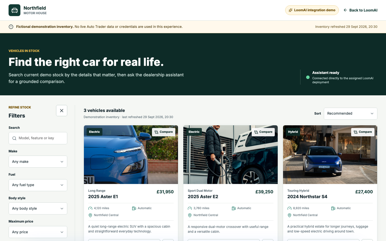 Dealership AI Experience showing fictional vehicle inventory, comparison controls and the LoomAI Companion dock