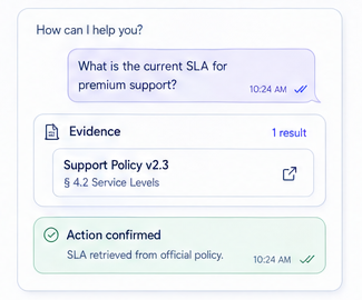 AI Fabric Chat UI showing evidence and a confirmed action