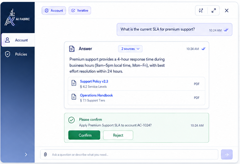 AI Fabric Chat UI embedded in an account support application